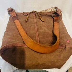 American Outfitters-Brown/Pink Canvas Boho/Hippie Shoulder Bag-Leather Strap